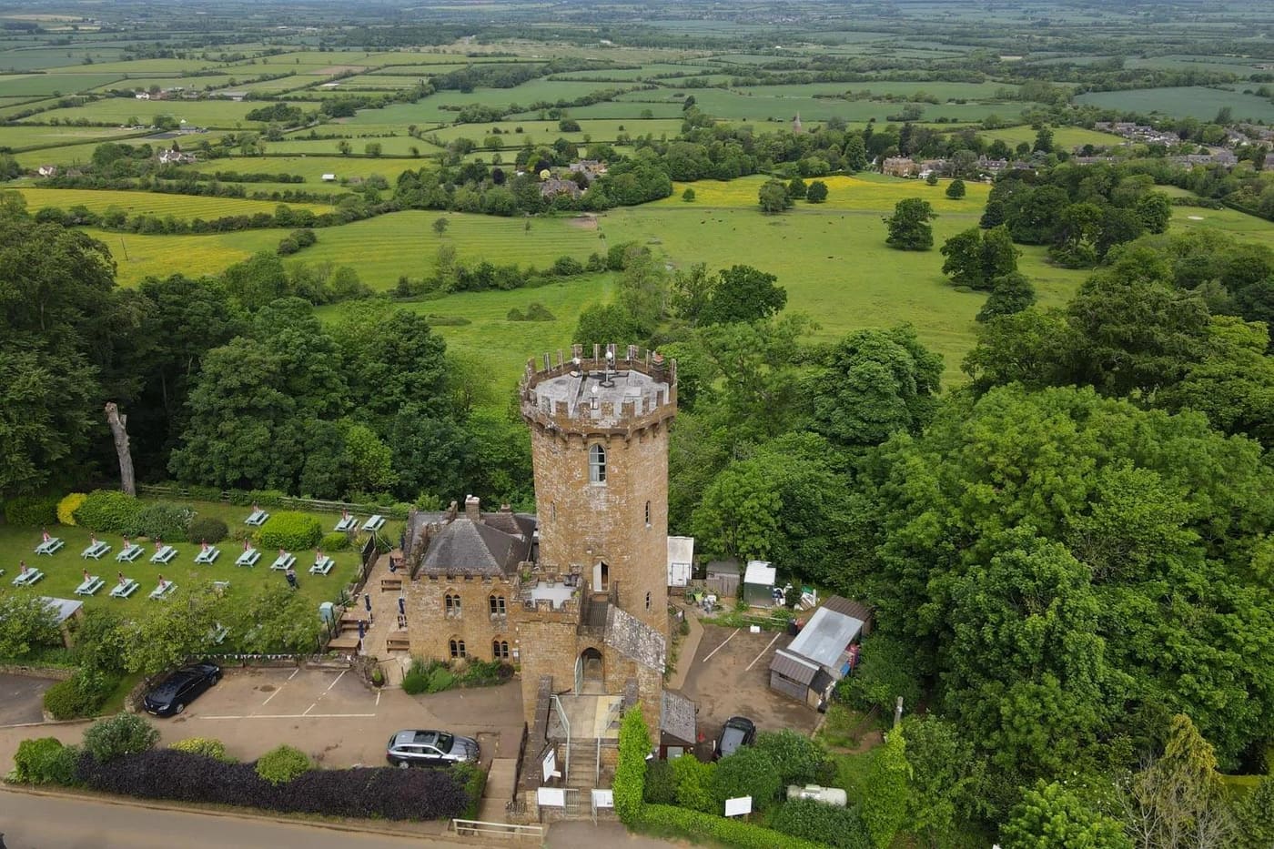 Ariel shot of The Castle at Edgehill with the rolling hills of Warwickshire behind